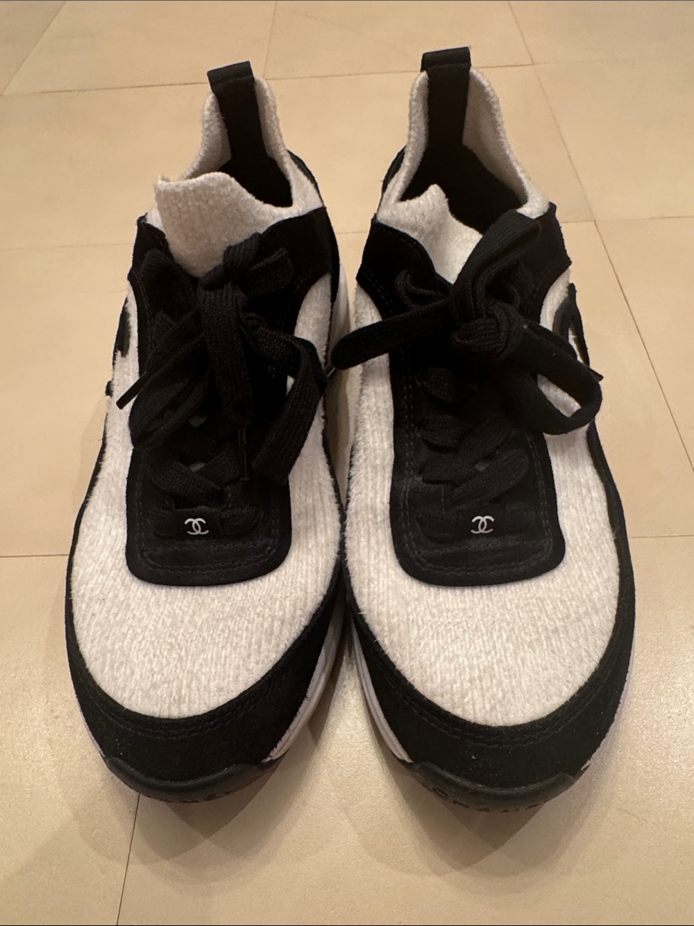 CHANEL Black and White CC-Emblem Knit Sneakers